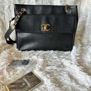 Rare Chanel Vintage Black Caviar Double Face Tote/Shoulder Bag